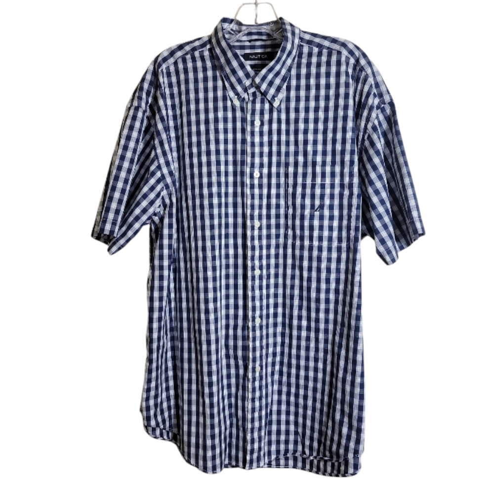 Nautica blue white gingham plaid button down shirt XL short sleeve 2 ply cotton
